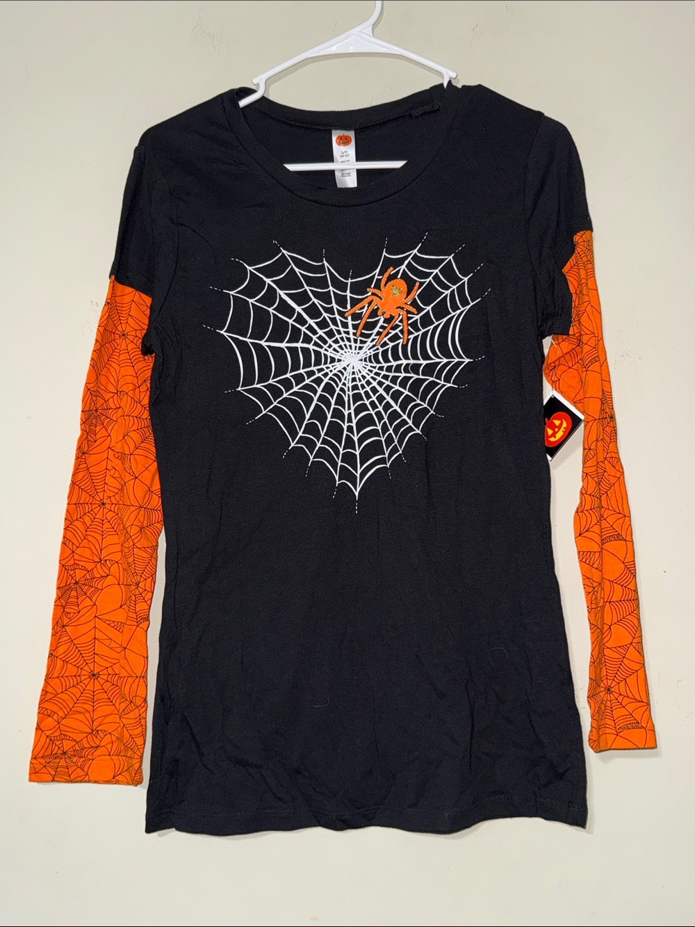 Time and Tru juniors long sleeve spider webs candy corn Halloween t-shirt orange